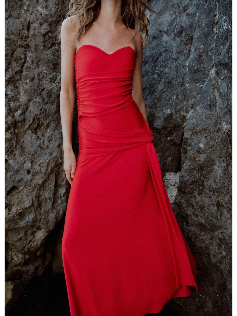 Zara Strapless Red Ruched Maxi Dress